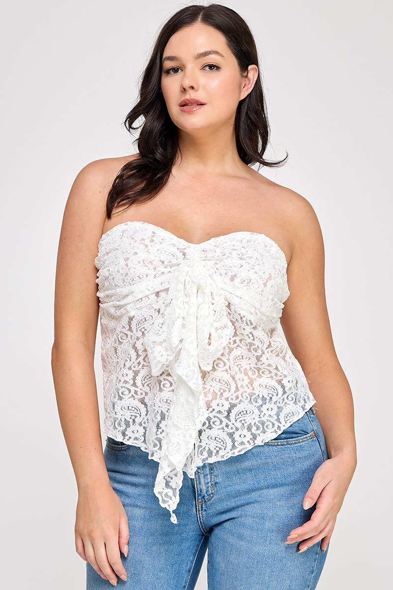 CURVY Whire Strapless Stretch Lace Bow Front Top