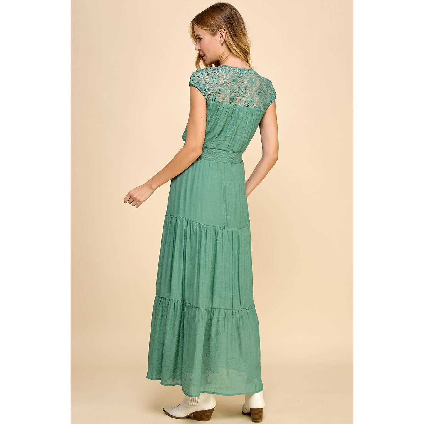 MAGENTA LACE SMOCKED WAIST TIER MAXI DRESS