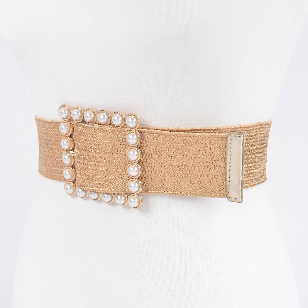 Natural & Gold Wide Pearl Buckle Elastic Belt