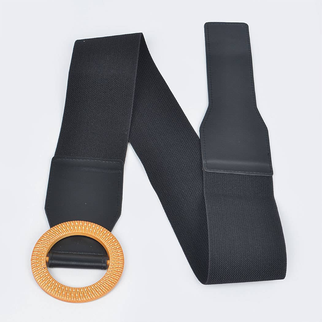CURVY- Black & Tan Oversized Round Buckle Belt