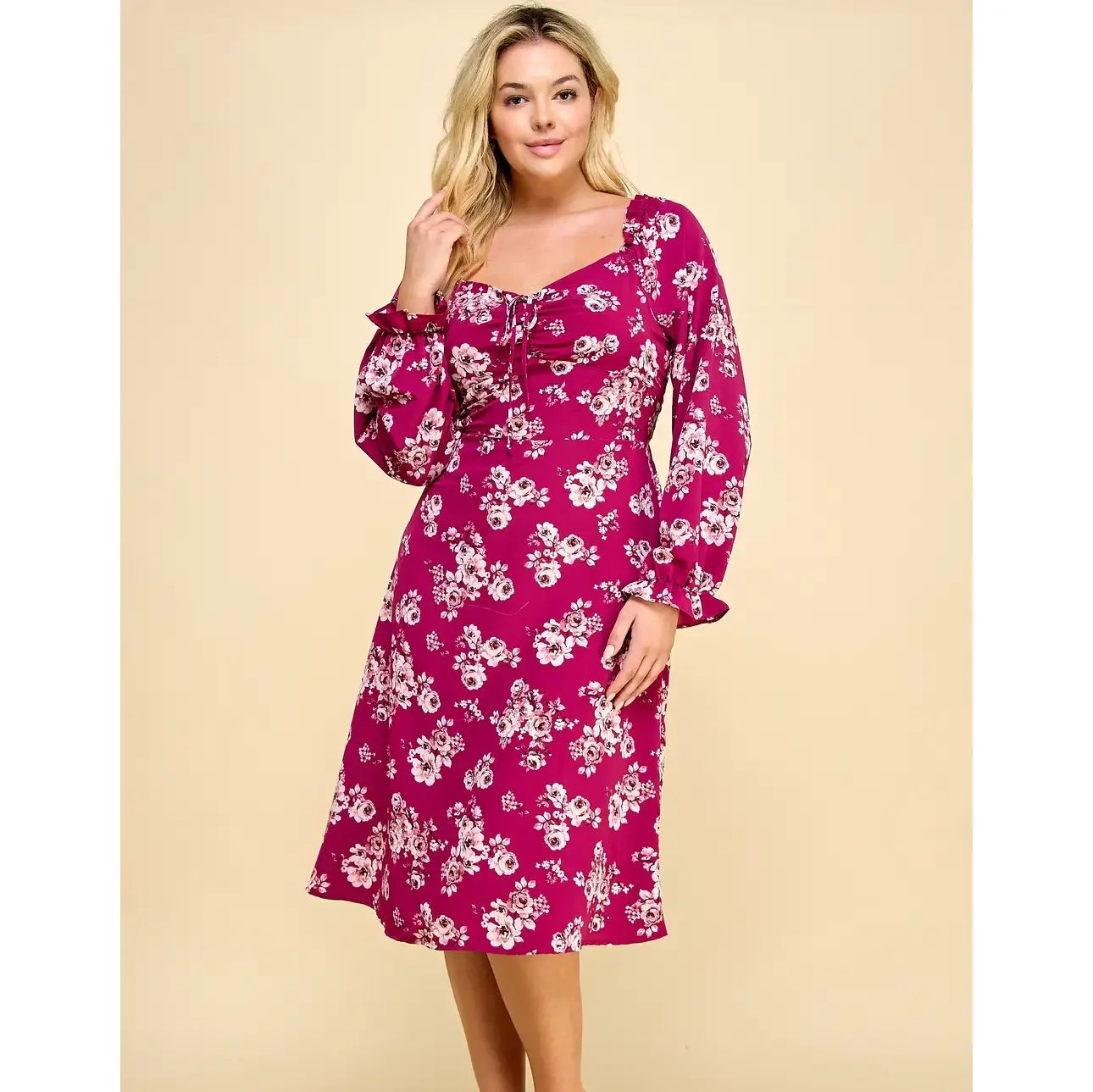 Curvy MAGENTA LONG SLEEVE MIDI CORSET DRESS