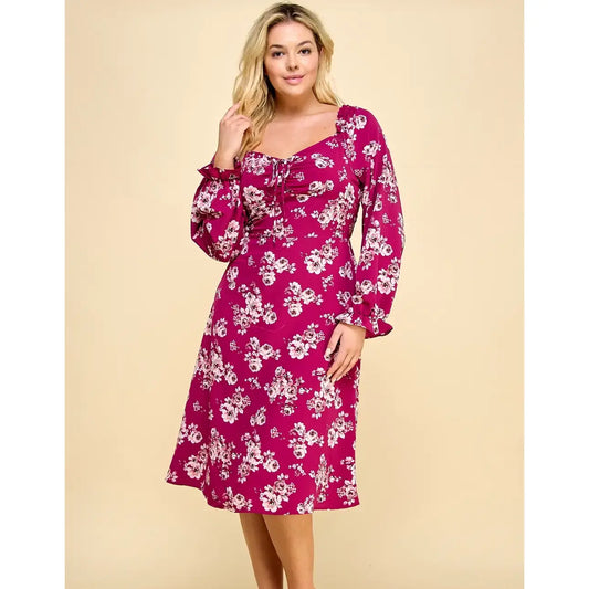 Curvy MAGENTA LONG SLEEVE MIDI CORSET DRESS