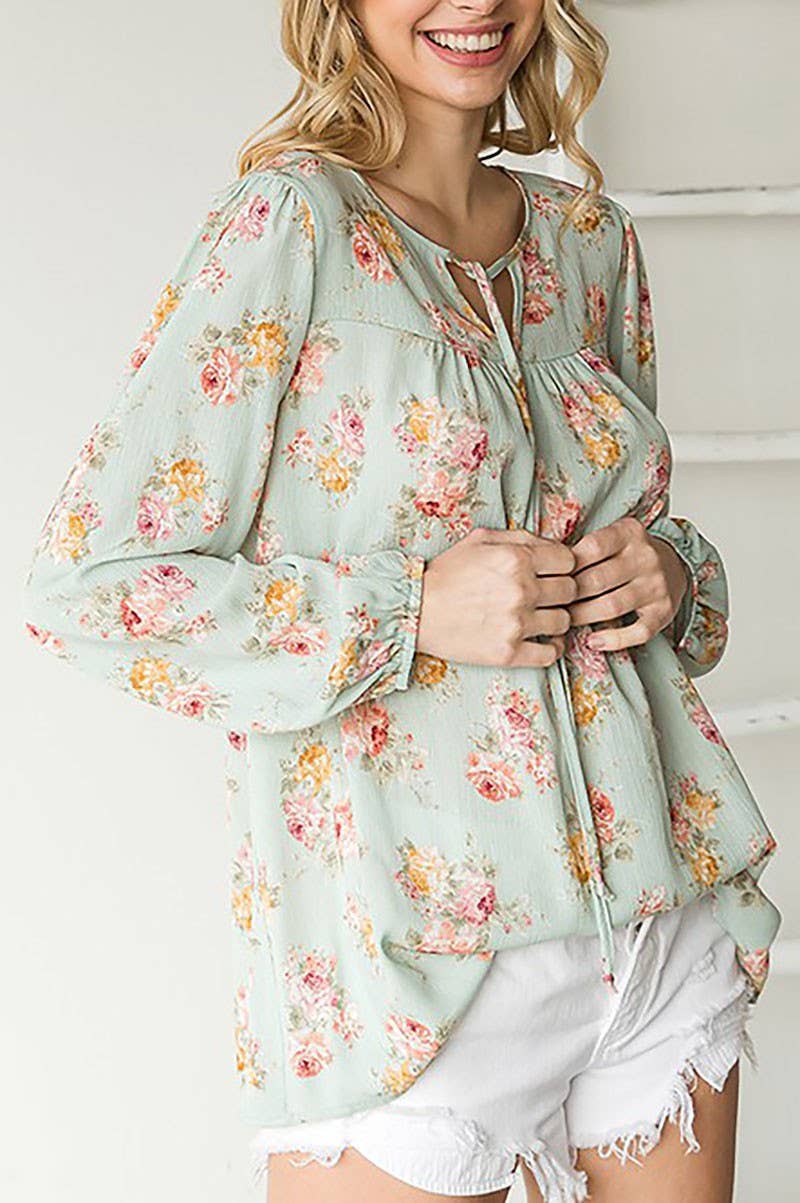 CURVY MINT FLORAL TIE DRAWSTRING ELASTIC CUFF LONG SLEEVE BLOUSE