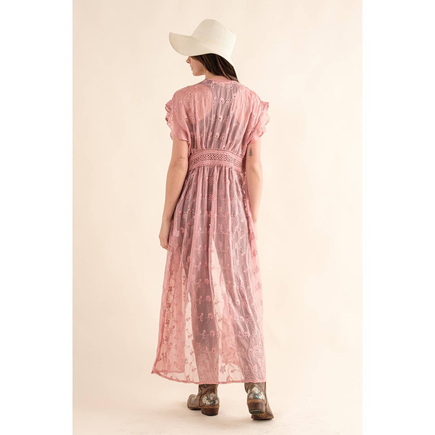 Dusty Pink CHIFFON EMBROIDERED LACE KIMONO DUSTER CARDIGAN
