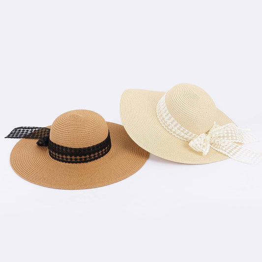 IVORY Faux Straw Wide Brim Hat w/ white band
