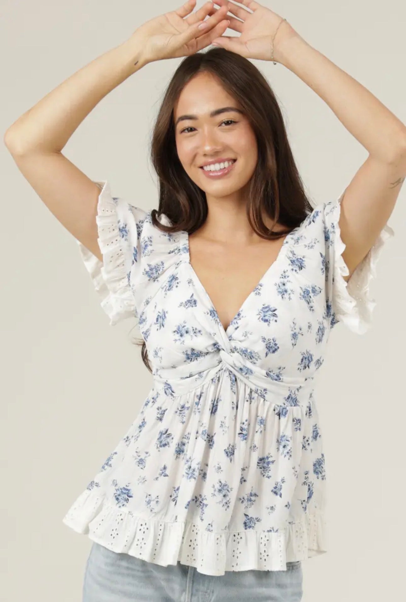 White & Blue Floral Embroidered Eyelet Ruffle Twist-Front Top