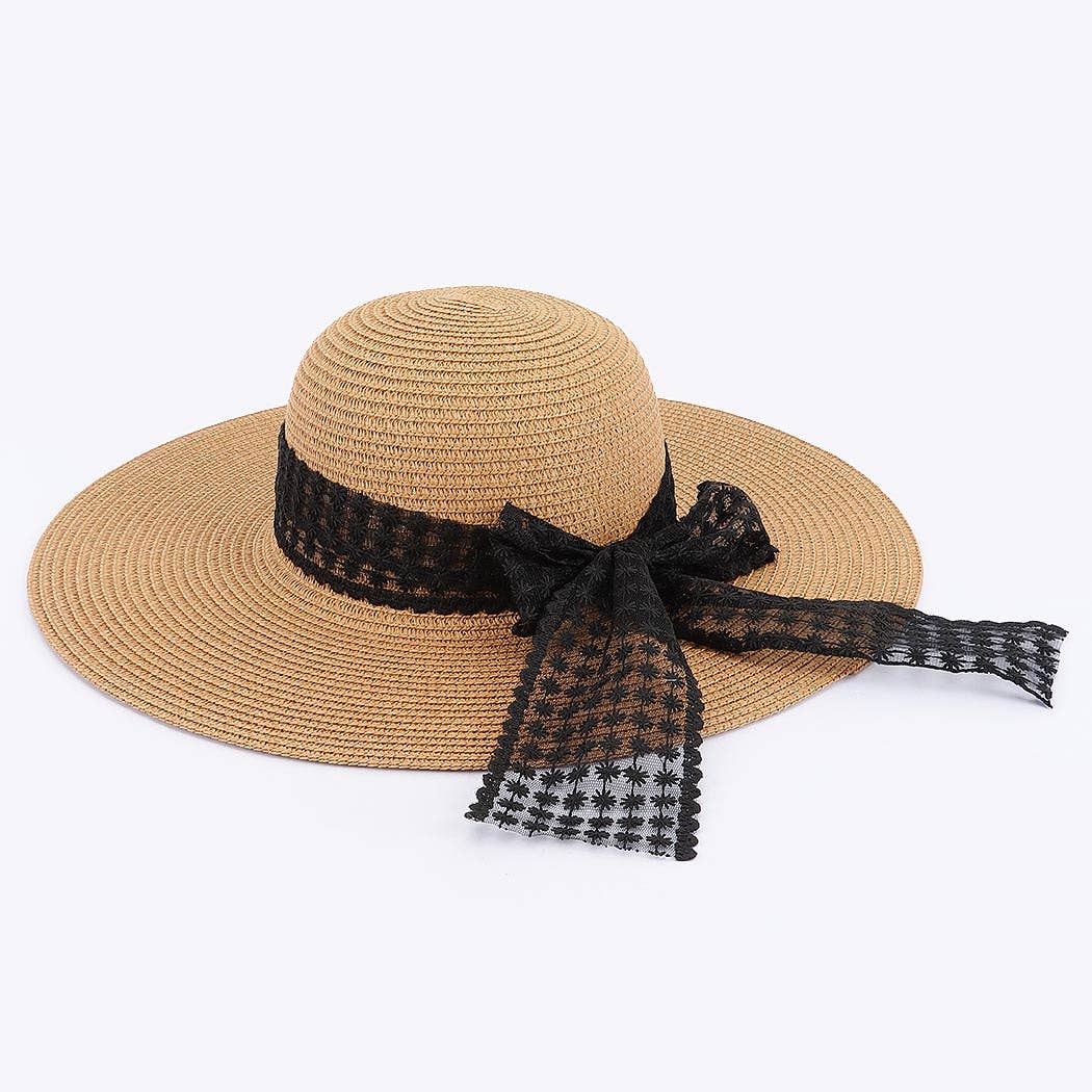 IVORY Faux Straw Wide Brim Hat w/ white band