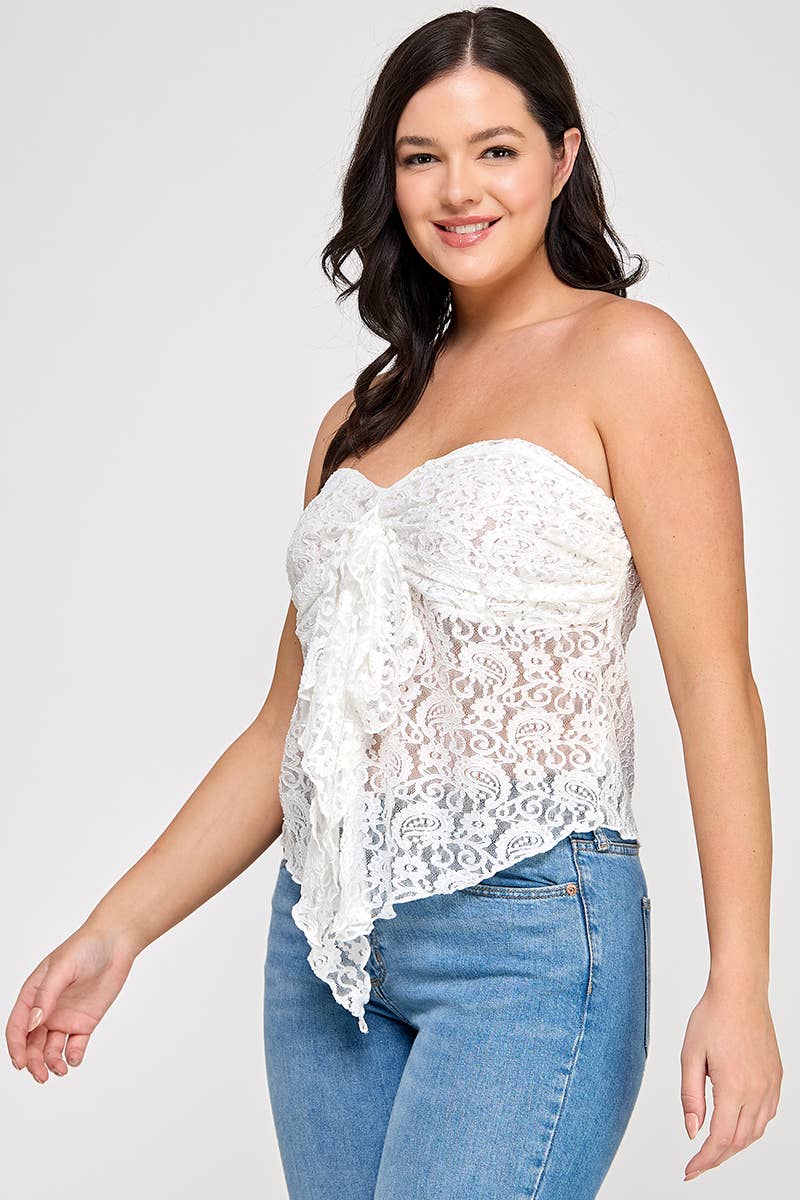 CURVY Whire Strapless Stretch Lace Bow Front Top