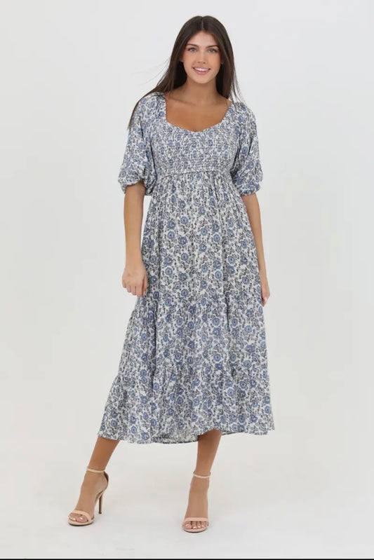 Blue & White Floral Print Smocked Bodice 1/2 Puff-Sleeve Dress