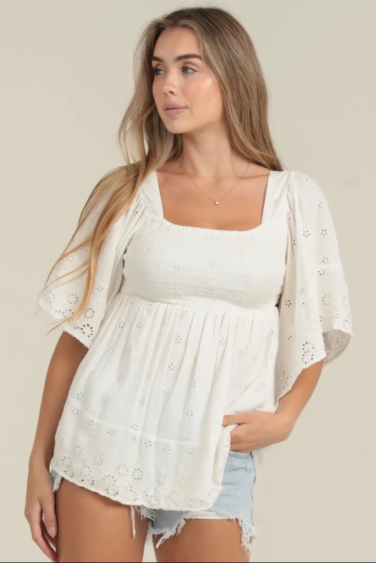 White Eyelet Embroidered Kimono Sleeved Smocked Blouse