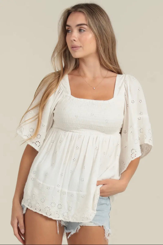 White Eyelet Embroidered Kimono Sleeved Smocked Blouse
