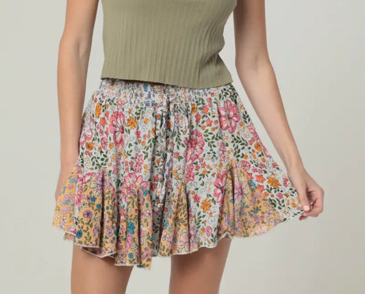 Godet Mixed Floral Print Shorts