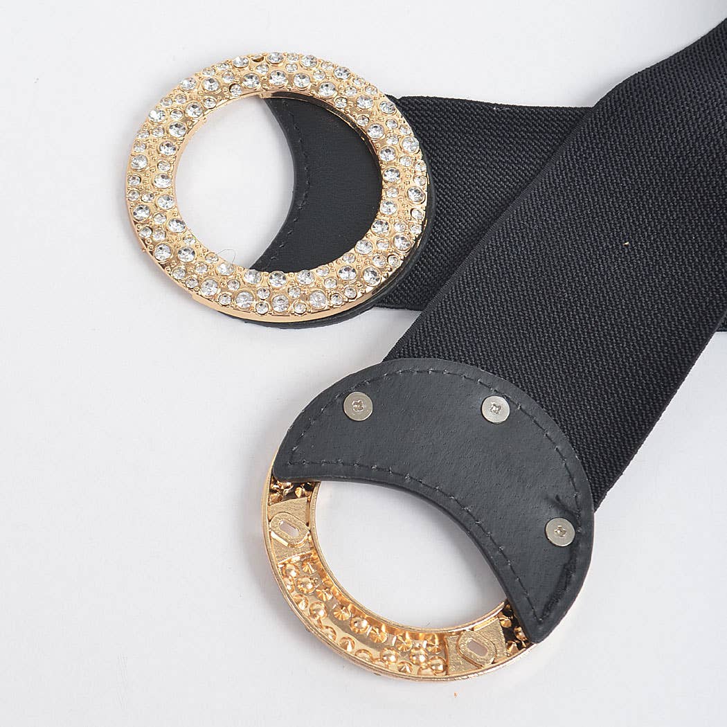 CURVY Black & Gold Rhinestone Buckle Elastic Belt