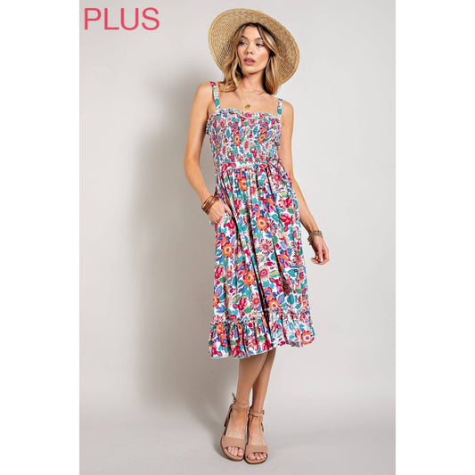 CURVY WHITE + FLORAL SMOCKED TOP TANK MIDI DRESS