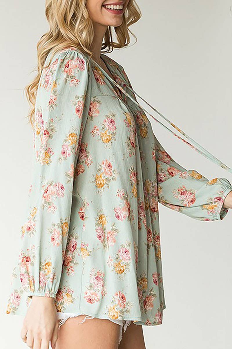 CURVY MINT FLORAL TIE DRAWSTRING ELASTIC CUFF LONG SLEEVE BLOUSE