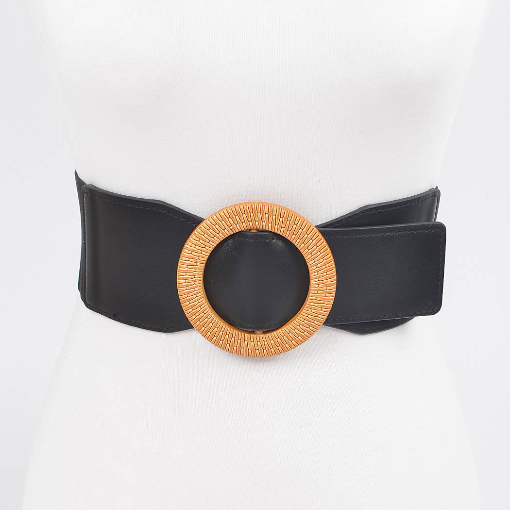 CURVY- Black & Tan Oversized Round Buckle Belt