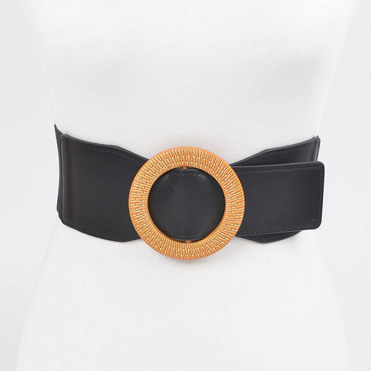 CURVY- Black & Tan Oversized Round Buckle Belt