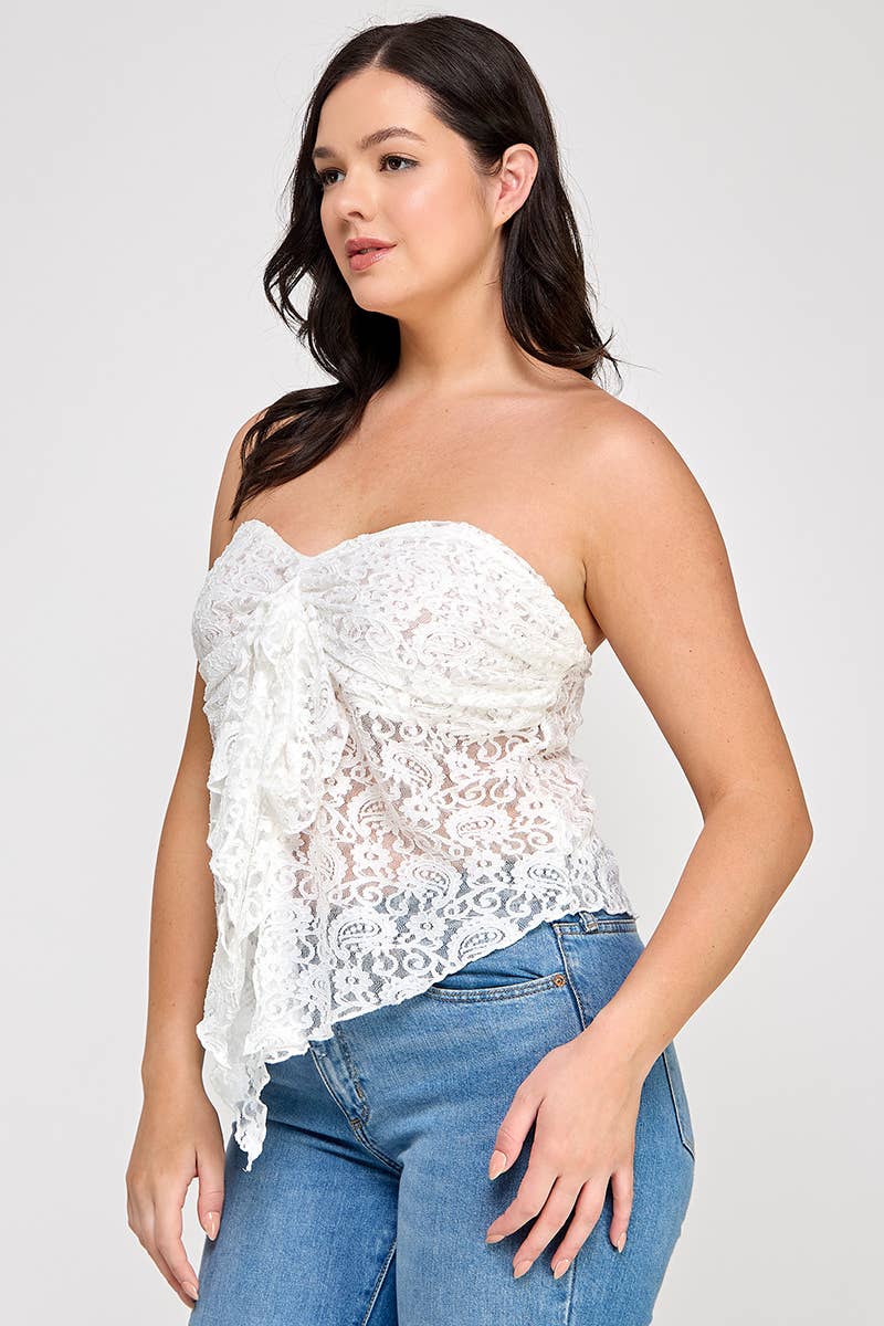 CURVY Whire Strapless Stretch Lace Bow Front Top