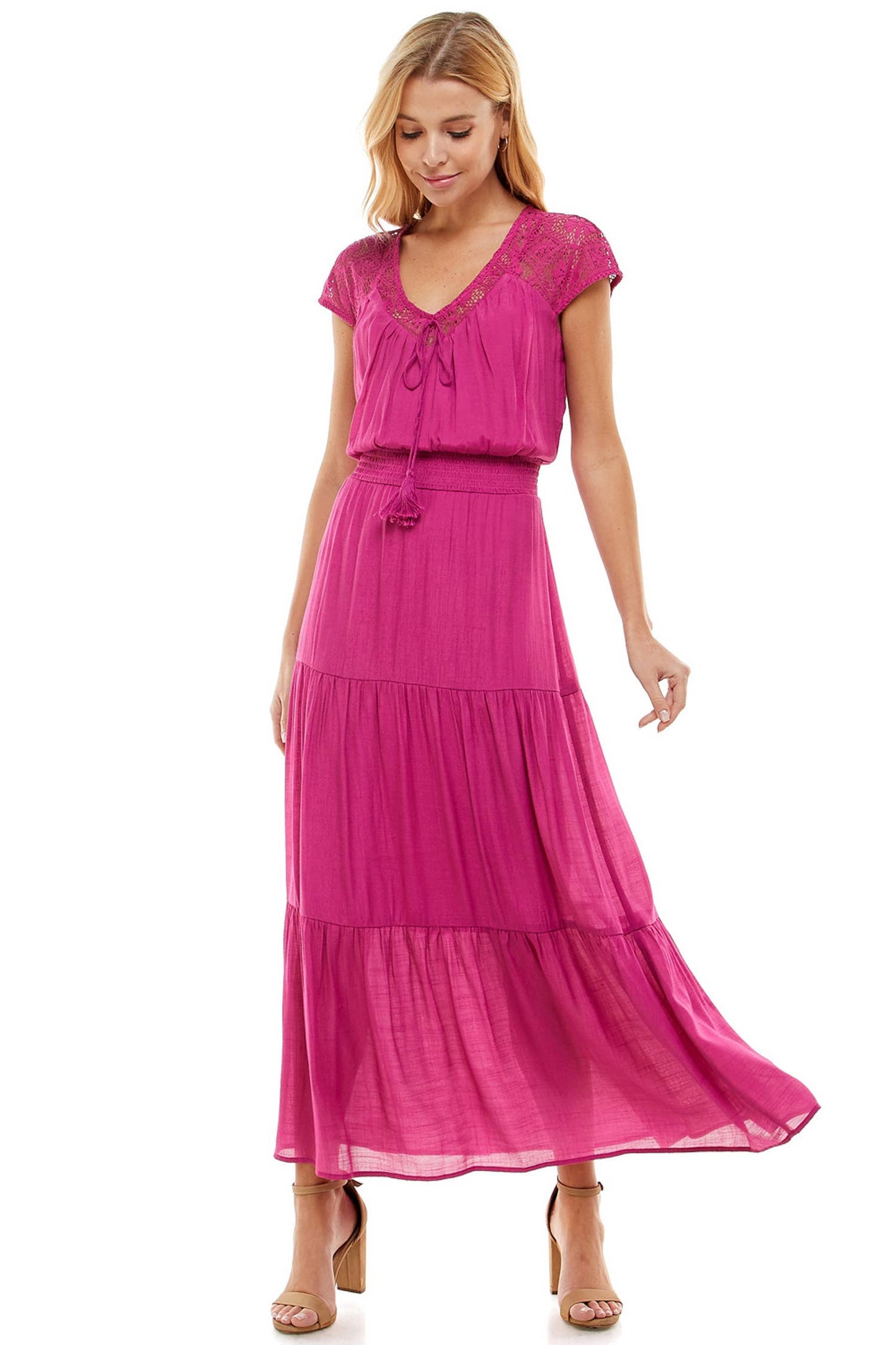 MAGENTA LACE SMOCKED WAIST TIER MAXI DRESS