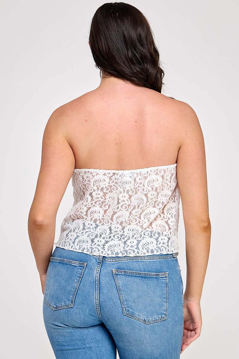 CURVY Whire Strapless Stretch Lace Bow Front Top