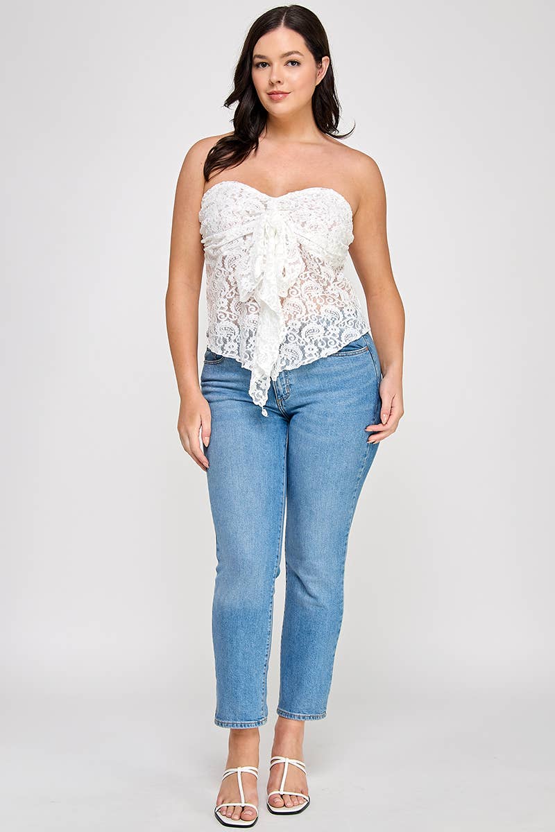CURVY Whire Strapless Stretch Lace Bow Front Top