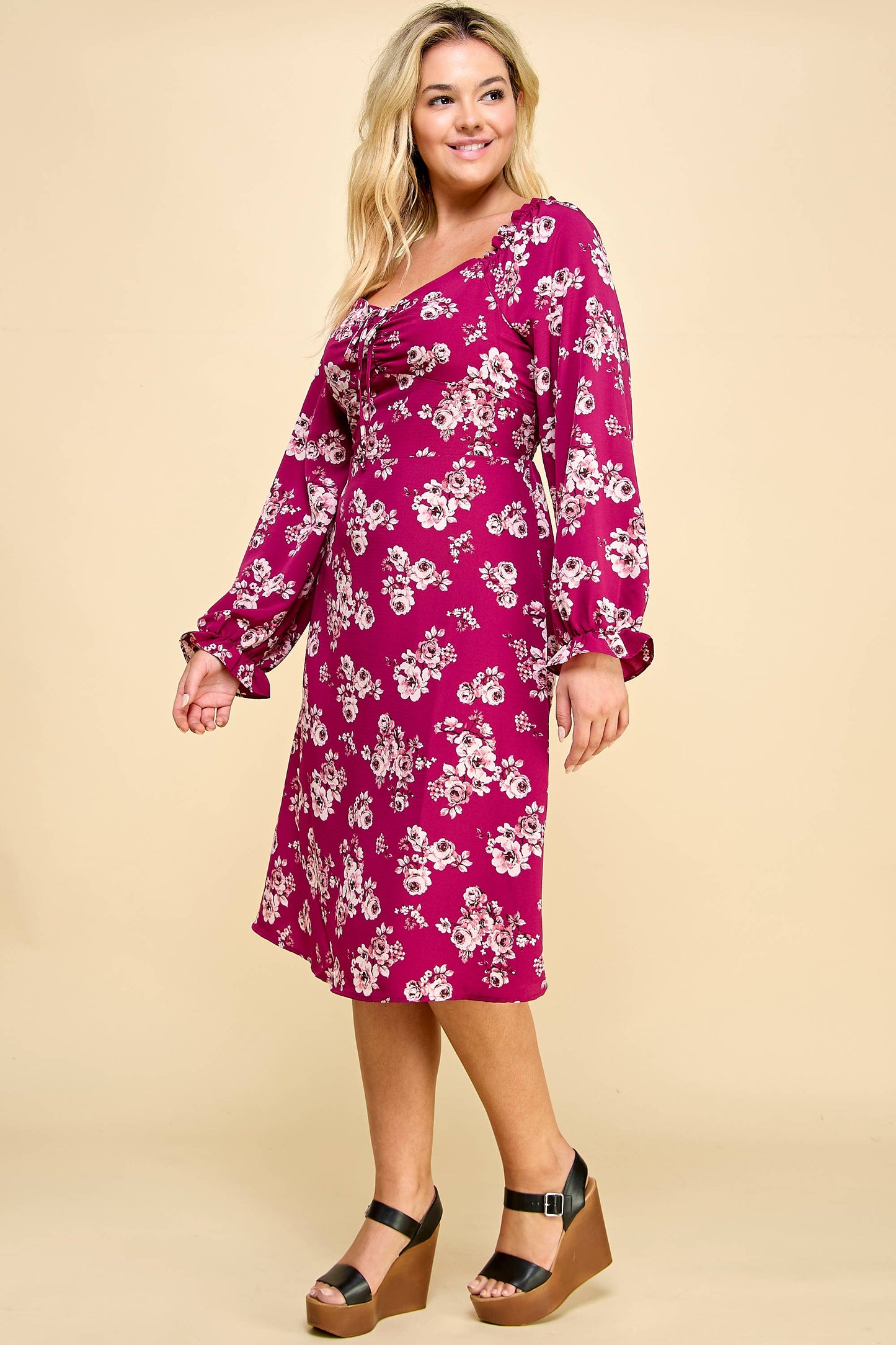 Curvy MAGENTA LONG SLEEVE MIDI CORSET DRESS