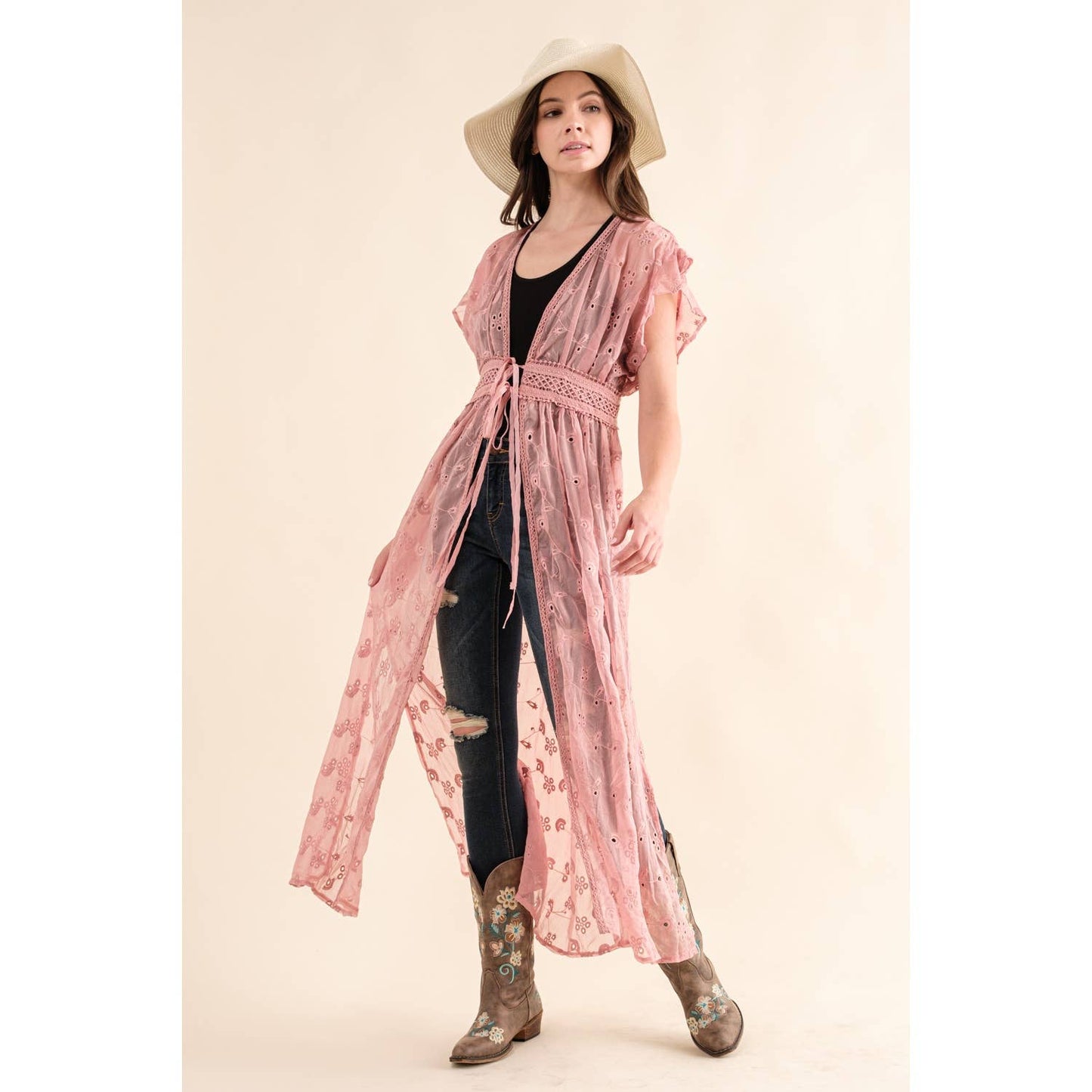 Dusty Pink CHIFFON EMBROIDERED LACE KIMONO DUSTER CARDIGAN