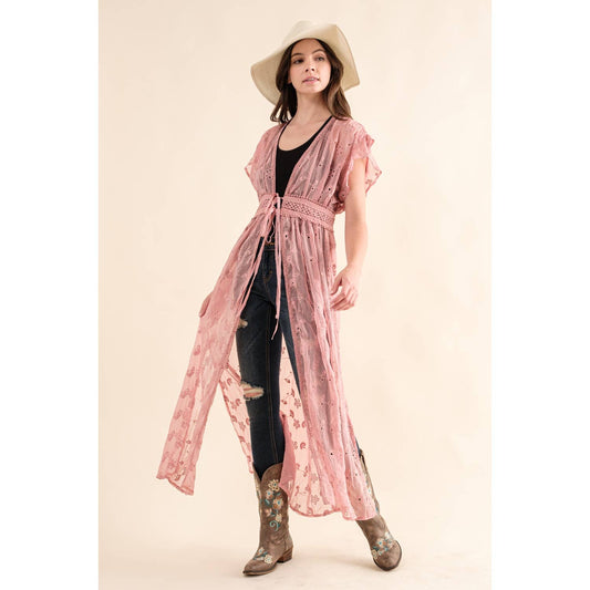 Dusty Pink CHIFFON EMBROIDERED LACE KIMONO DUSTER CARDIGAN