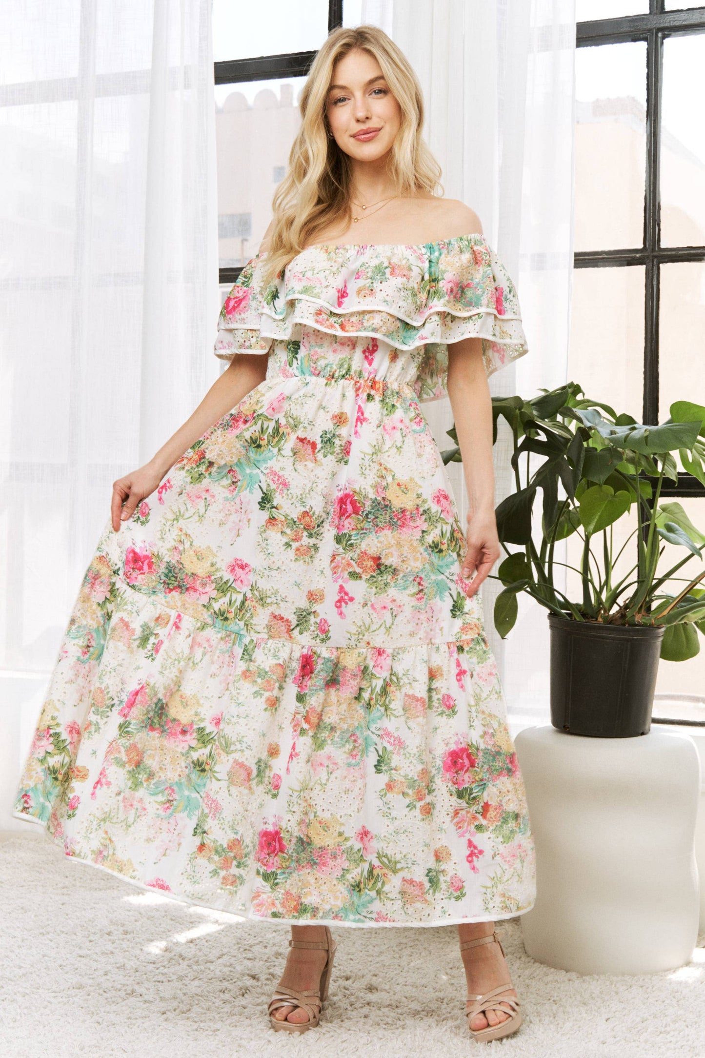 CURVY- CREAM FLORAL PRINT OFF-SHOULDER EYELET MIDI DRESS
