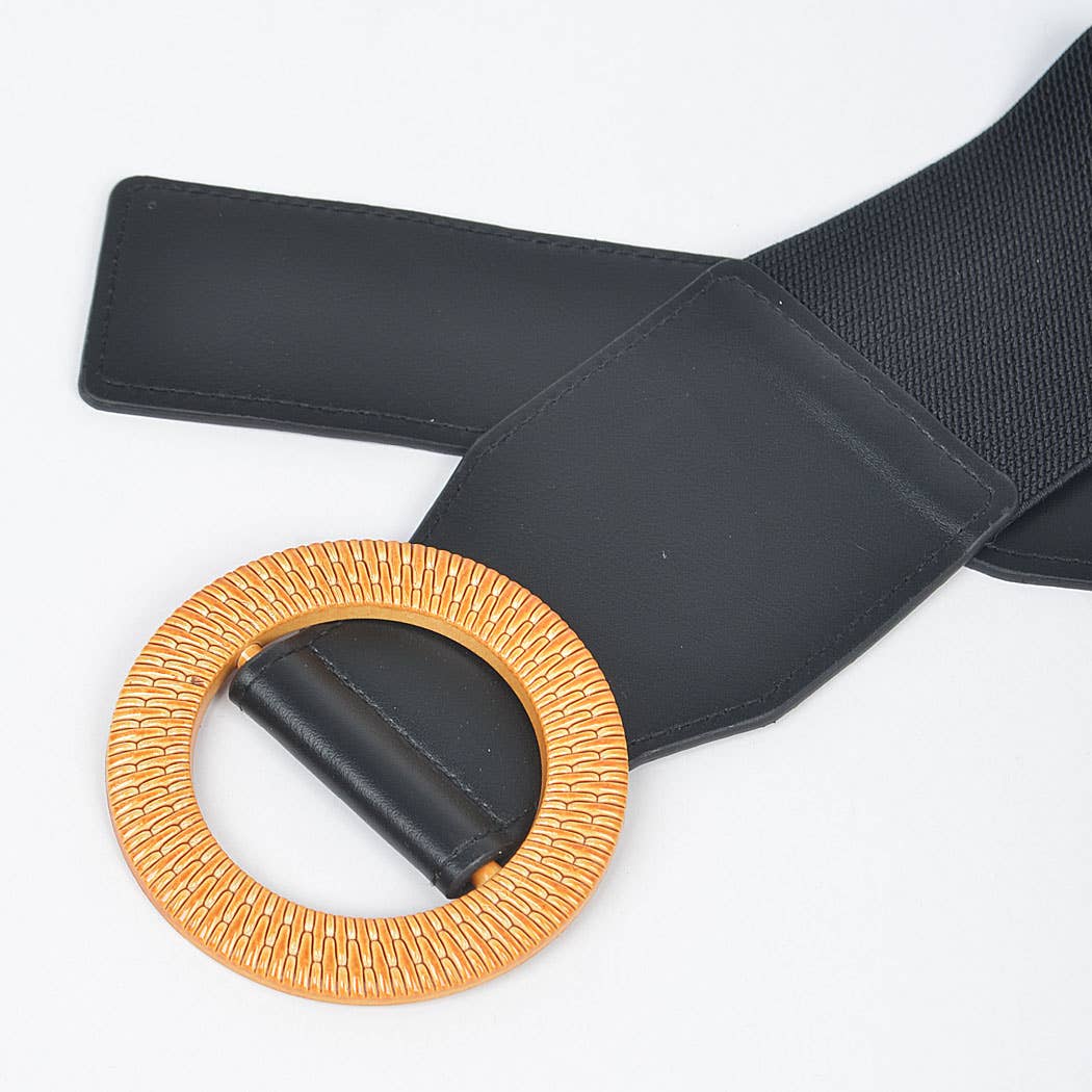 CURVY- Black & Tan Oversized Round Buckle Belt