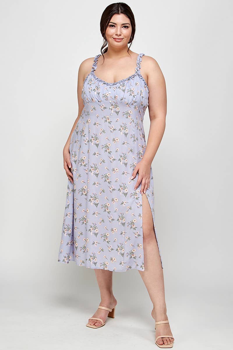 CURVY Lavender Floral Ruffle Strap Midi Dress