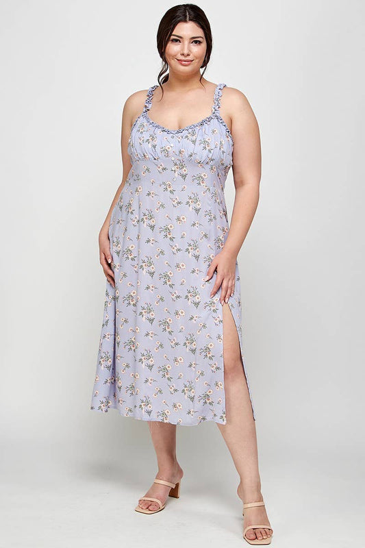 CURVY Lavender Floral Ruffle Strap Midi Dress