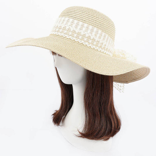 IVORY Faux Straw Wide Brim Hat w/ white band