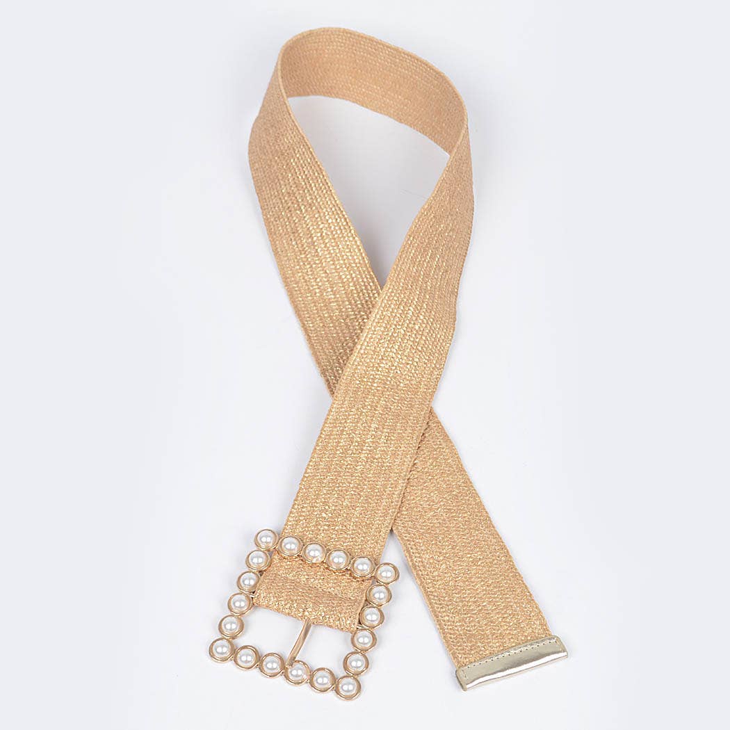 Natural & Gold Wide Pearl Buckle Elastic Belt