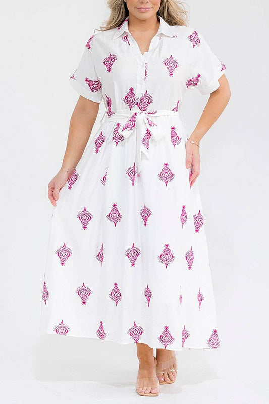 Curvy White w/ Pink Embroidery BUTTON UP SELF TIE MAXI DRESS
