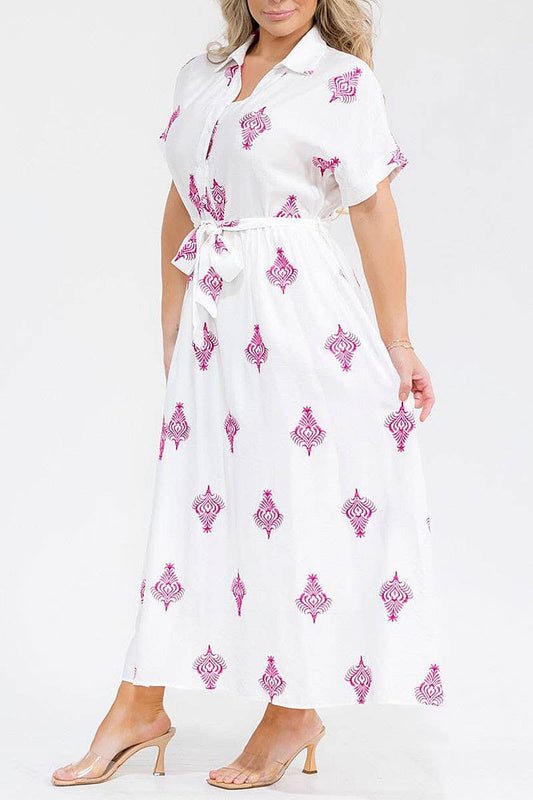 Curvy White w/ Pink Embroidery BUTTON UP SELF TIE MAXI DRESS