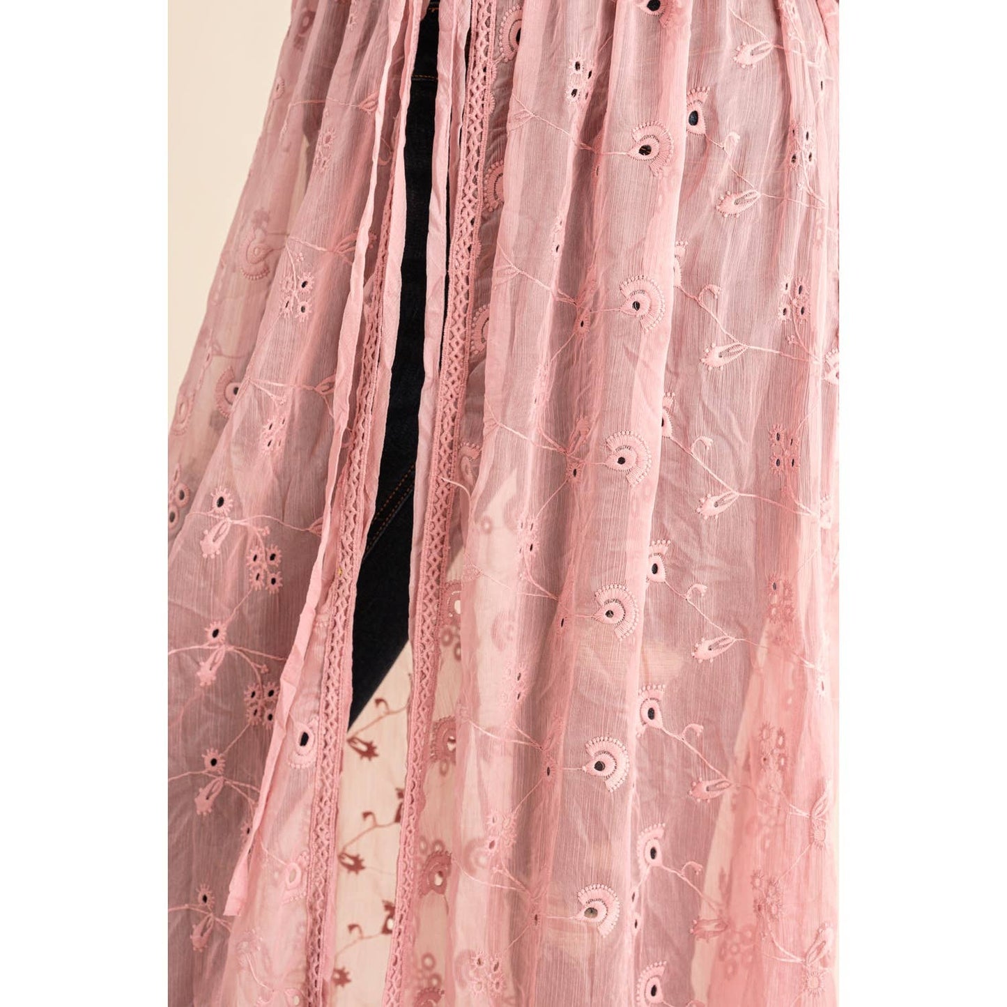 Dusty Pink CHIFFON EMBROIDERED LACE KIMONO DUSTER CARDIGAN
