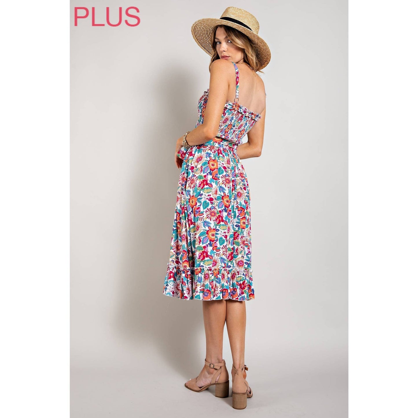 CURVY WHITE + FLORAL SMOCKED TOP TANK MIDI DRESS