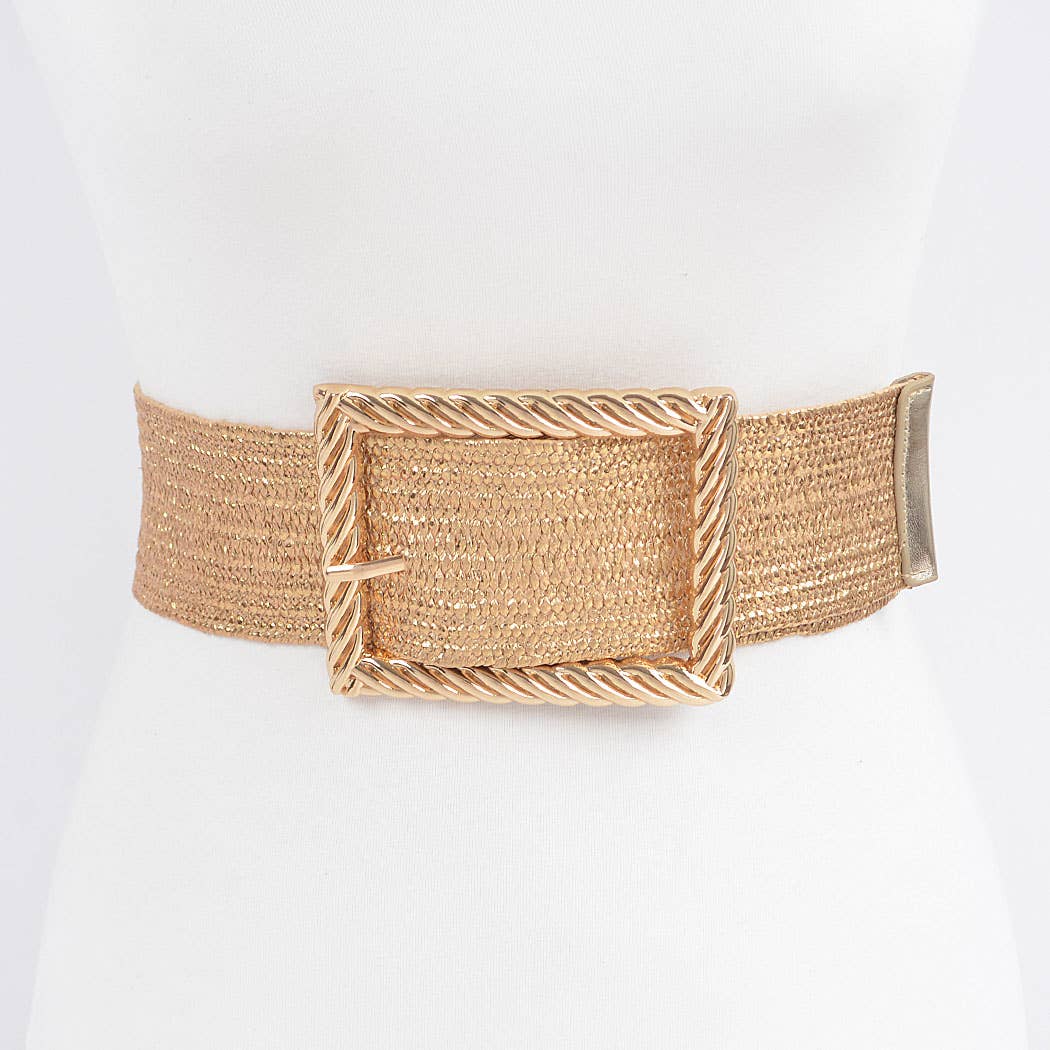 CURVY Goldtone Wide Metal Twist Frame Elastic Buckle Belt