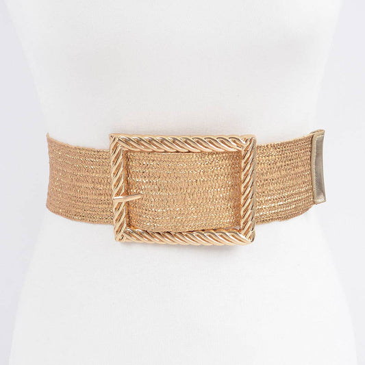 CURVY Goldtone Wide Metal Twist Frame Elastic Buckle Belt