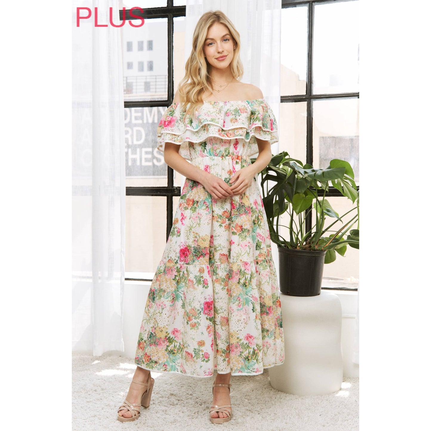 CURVY- CREAM FLORAL PRINT OFF-SHOULDER EYELET MIDI DRESS