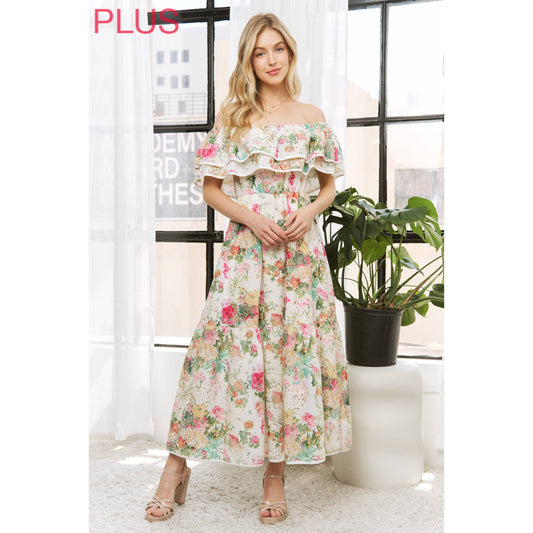 CURVY- CREAM FLORAL PRINT OFF-SHOULDER EYELET MIDI DRESS