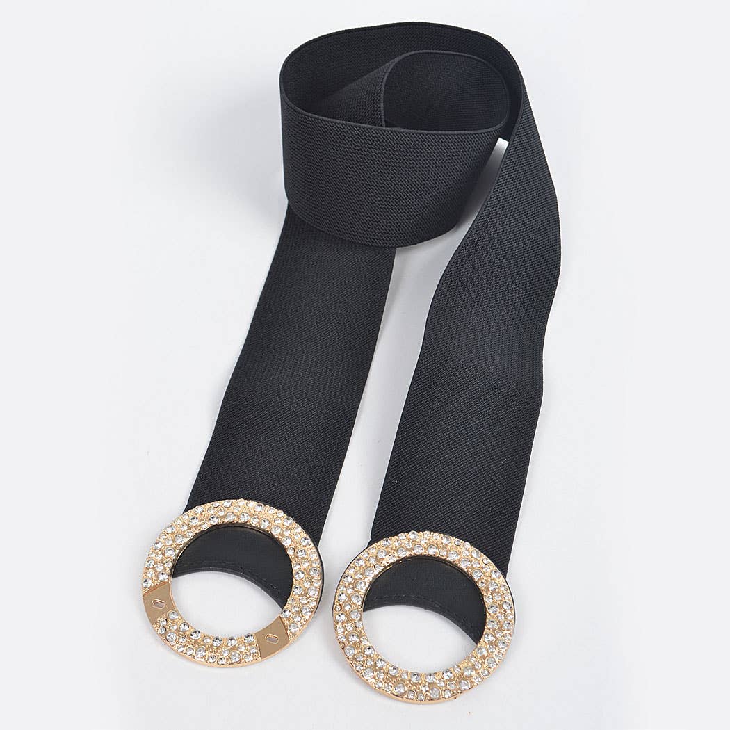 CURVY Black & Gold Rhinestone Buckle Elastic Belt